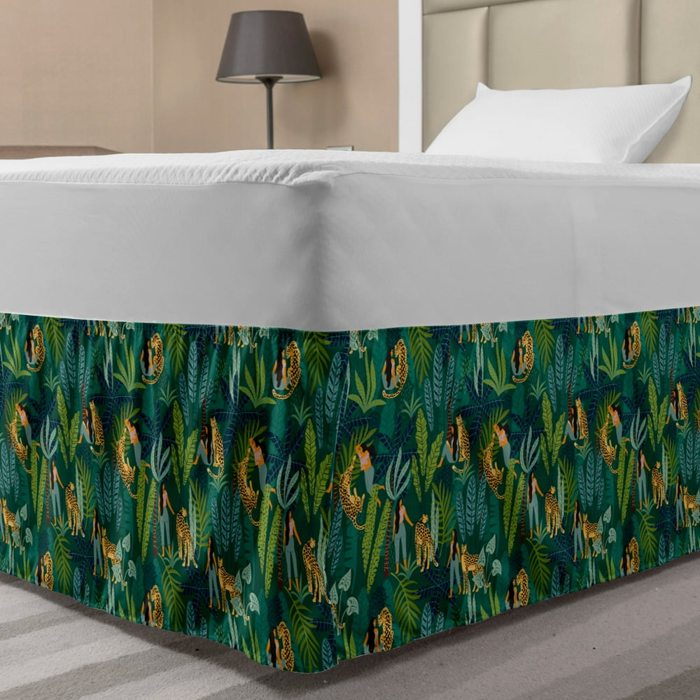 Wildlife Bed Skirt, Girl in Jungle Along a Leopard Illustration Wild