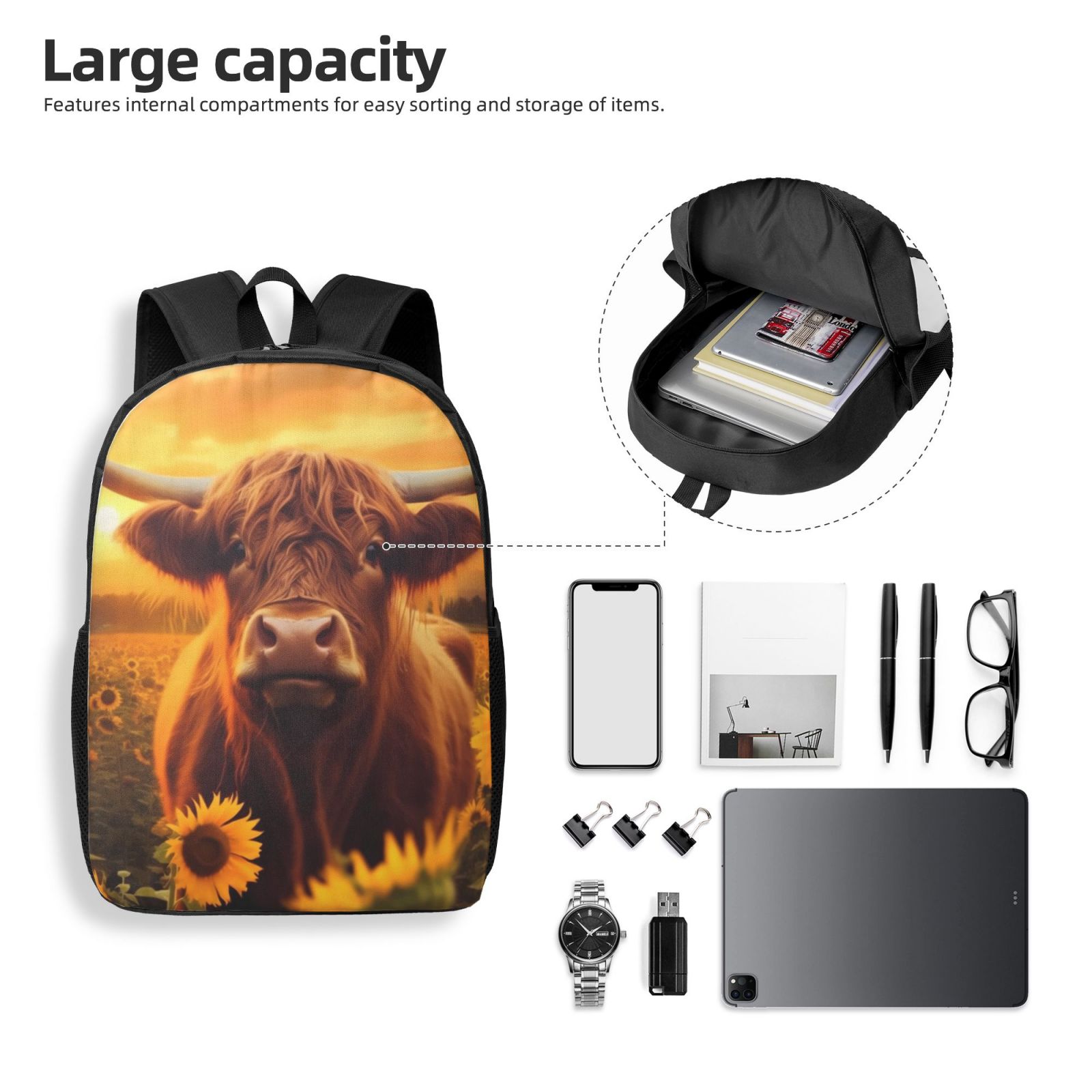 Xecao Vintage Sunflower Cow A print Travel Backpack, Large Computer Backpack for Men Women, College School Rucksack Book Bag