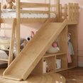 thumbnail image 4 of House Bunk Bed Full over Full with Storage Shelves and Wardrobe, Wood Floor Bunk Bed Frame with Ladders and Slides for Boys Girls, Natural, 4 of 13