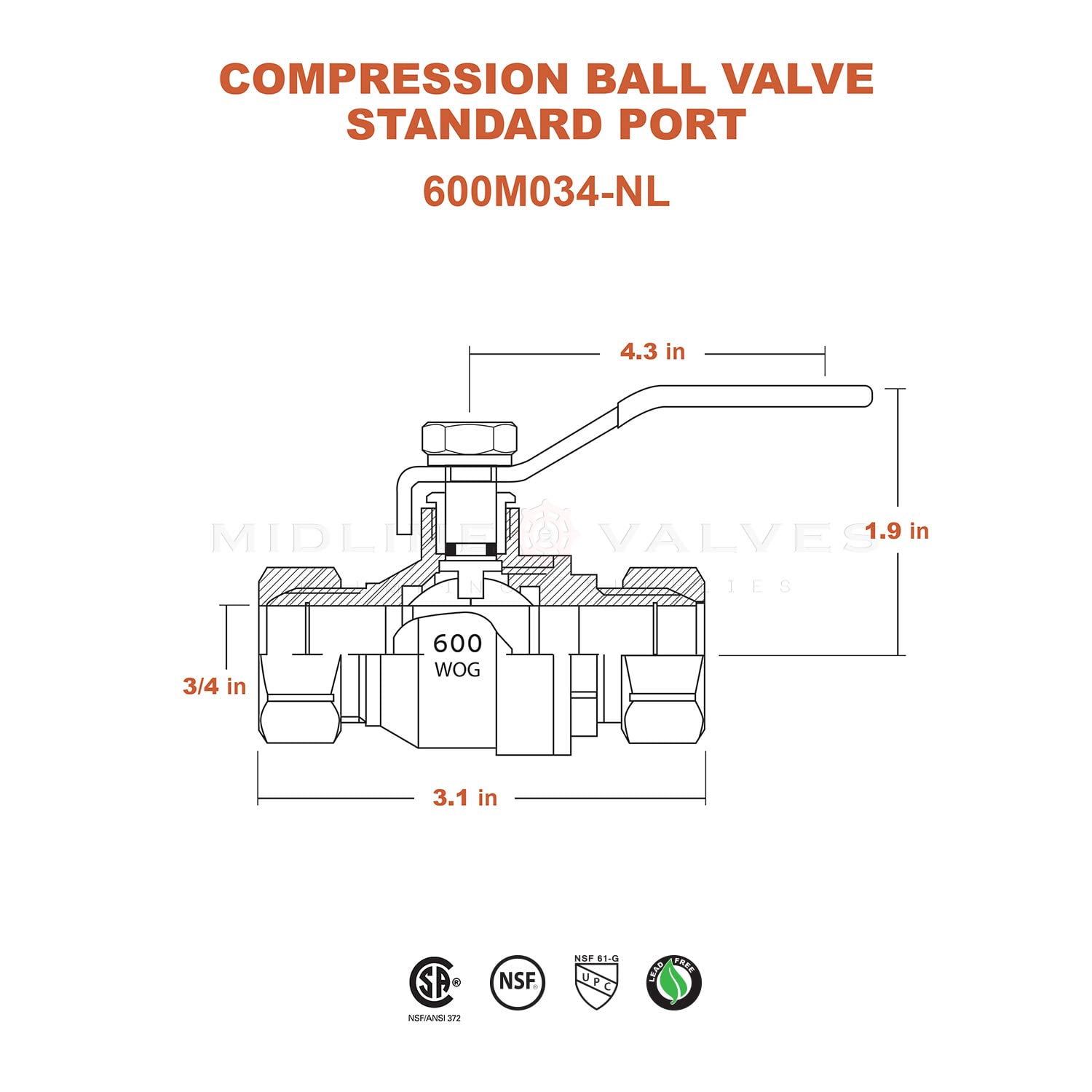 Midline Valve 822256M-10 Premium Brass Full Port Ball Valve, 3/4 in. Compression Connections (10 Pack)