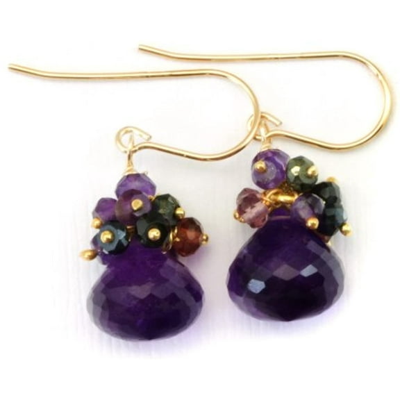 14k Gold Filled Purple Amethyst Earrings Cluster Style Garnets Spinel Pyrite Goldtone Beaded Accents Dangle Drops for Adult Women