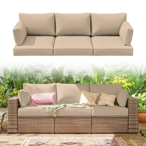 Pakunoda Outdoor Cushions Replacement, 8 Piece Sectional Cushion Fits 3-Seat, 4” Foam Deep Seat, for Patio Rattan Wicker Replacement Cushion, Liner&Cover, Sand
