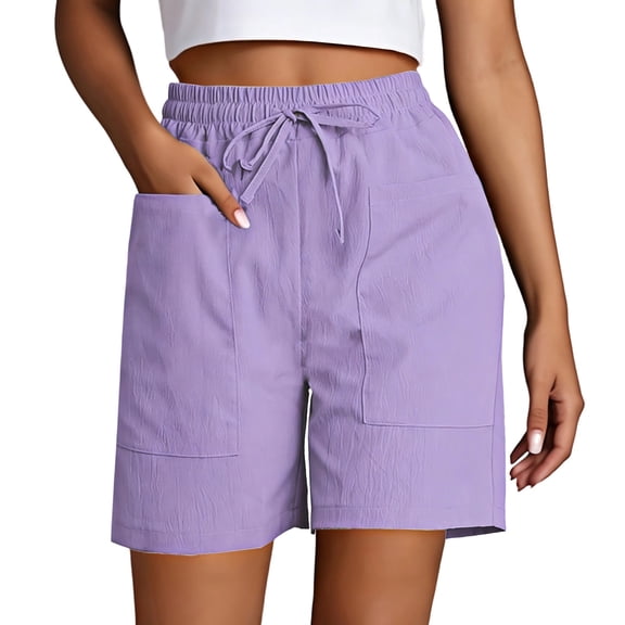 YMNXA Women's Summer Shorts Drawstring Elastic Waist Solid Color Wide Leg Comfortable Breathable Shorts With Pockets For Everyday Wear,Light Purple,S