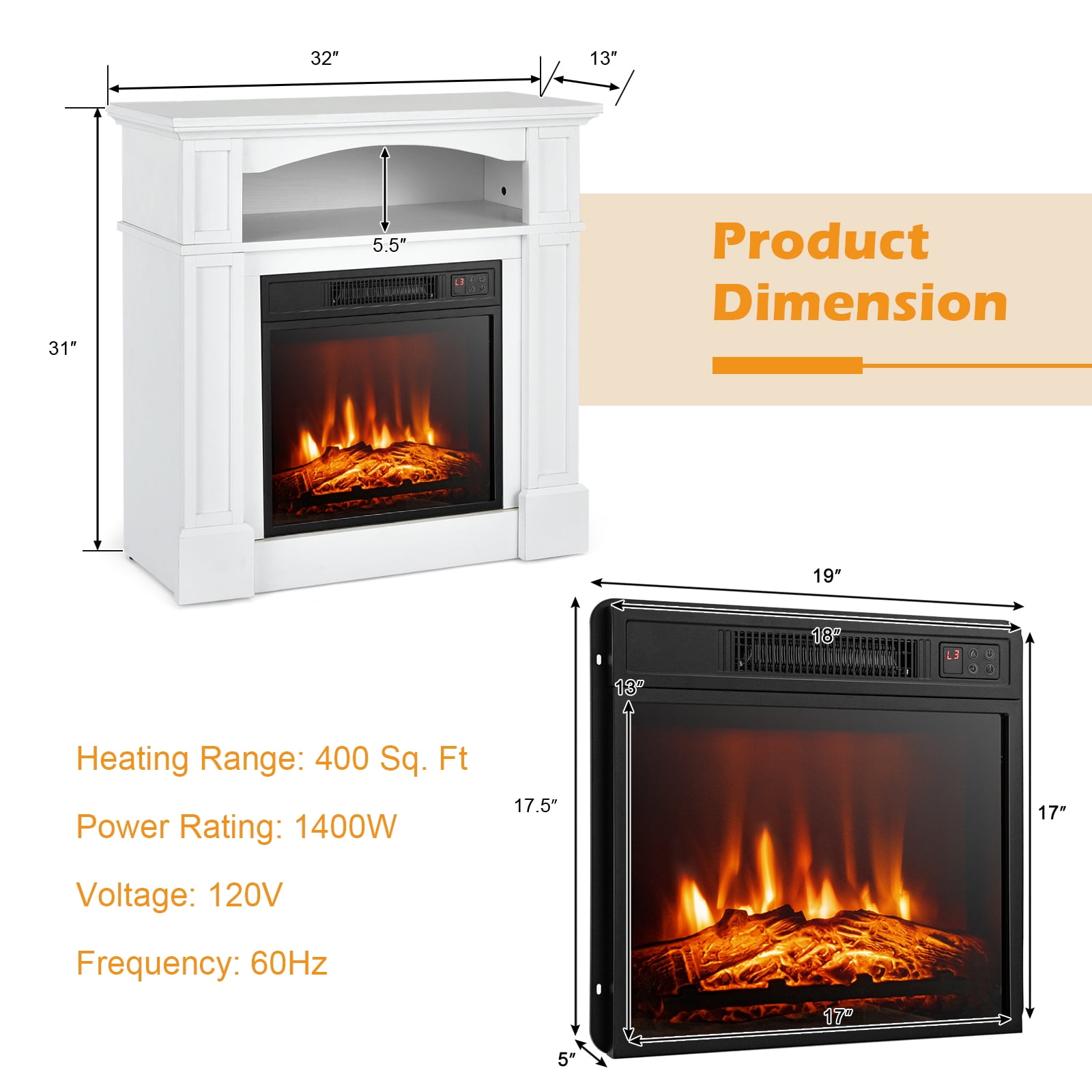 Topbuy Electric Fireplace 32 x 31 Freestanding 5000 BTU Electric Indoor Fireplace