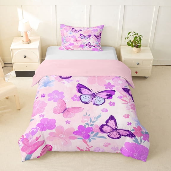Erosebridal Flying Butterflies Twin Bedding For Teens,Girls Spring Garden Flowers Duvet Cover Set,Pink Purple,Pink Reversible,2pcs,No Comforter
