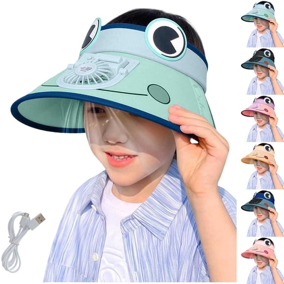 SGFCWSX Boys Sun Visor Hat USB Rechargeable Fan Wide Brim UV Protection Cute Adjustable Summer Outdoor Beach Hat for Kids Light Blue Free Size