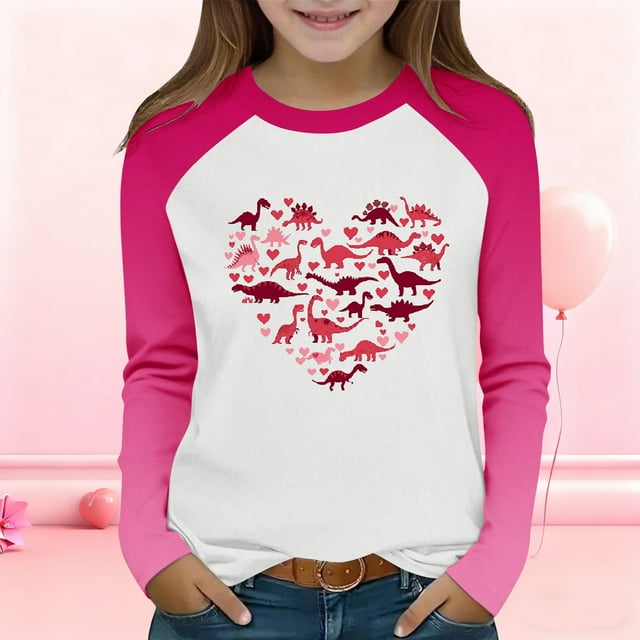 Mceream T-Shirts de la Saint-Valentin pour Filles avec Cœur Graphique Manches Longues Tunique Tee Tops Coton Manches Longues Col Rond T-Shirts Sudaderas Para NiñAs Rose 10 Ans