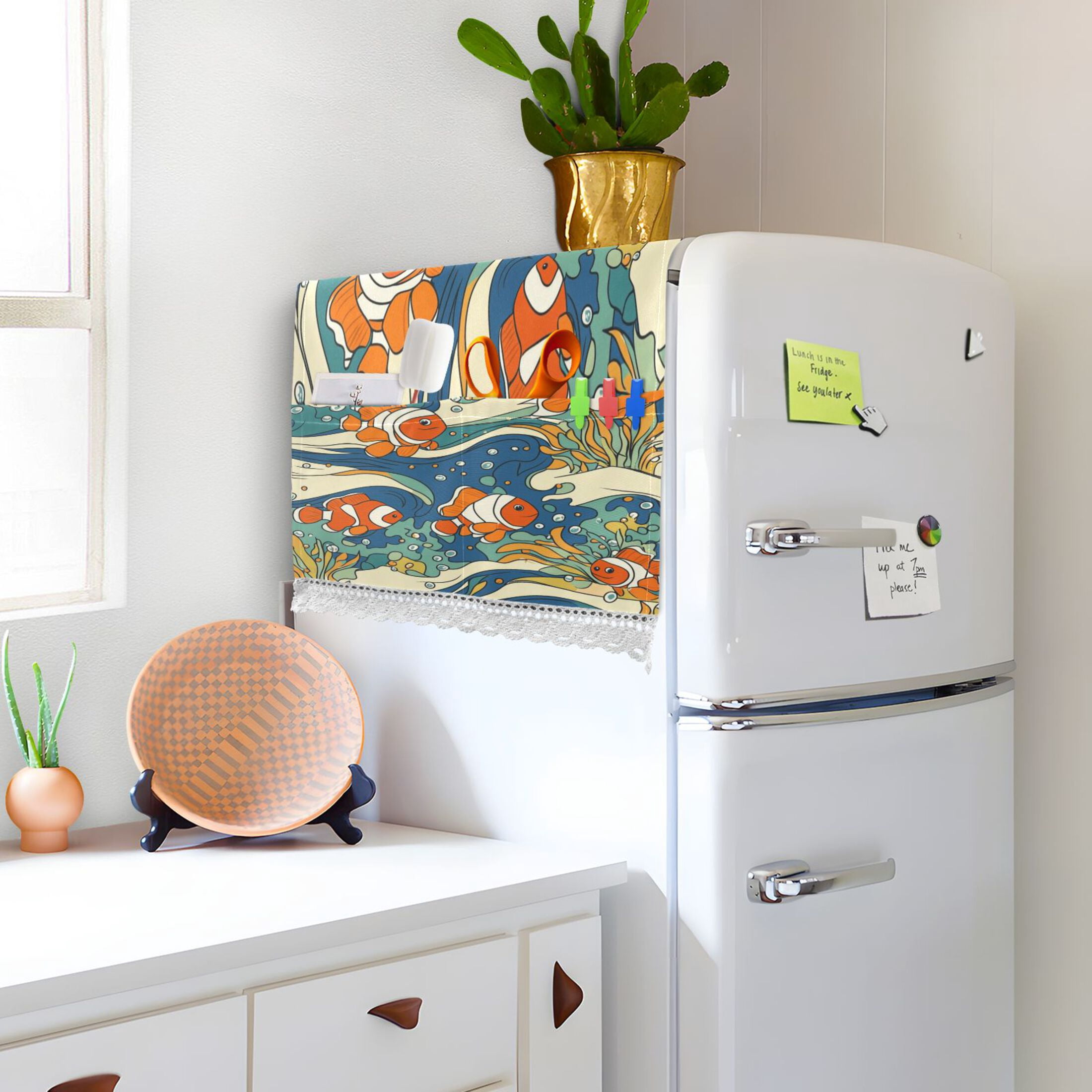 Washing Machine Cover 51.2x22in, Durable Polyester Dust Cover with Lace Trim and Side Pocket for Appliances Cute Clownfish Patterns