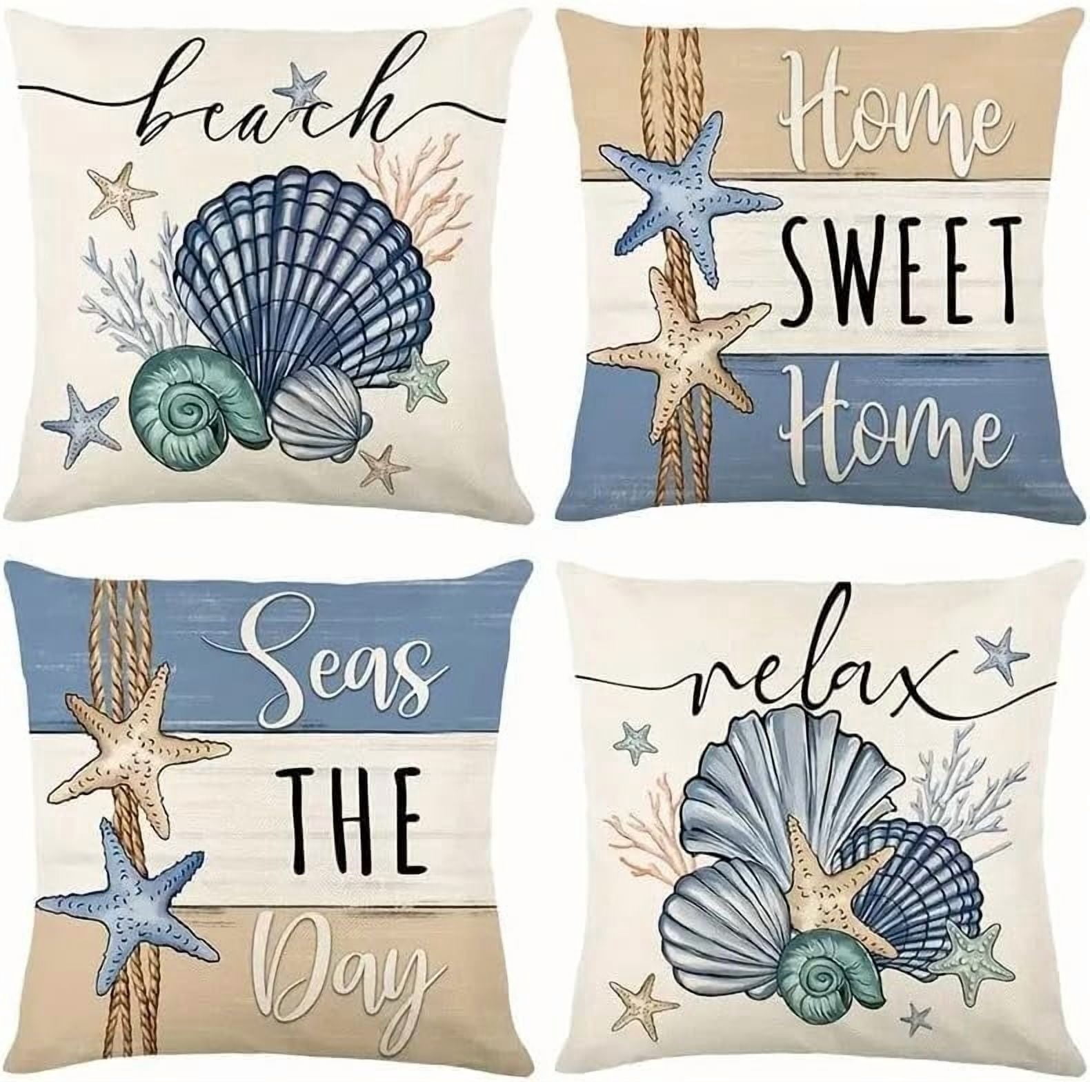 Beach Theme Throw Pillow Covers, 18x18 inches, Set of 4, Coastal Seashell and Starfish Design, Decorative Linen Cases for Living Room