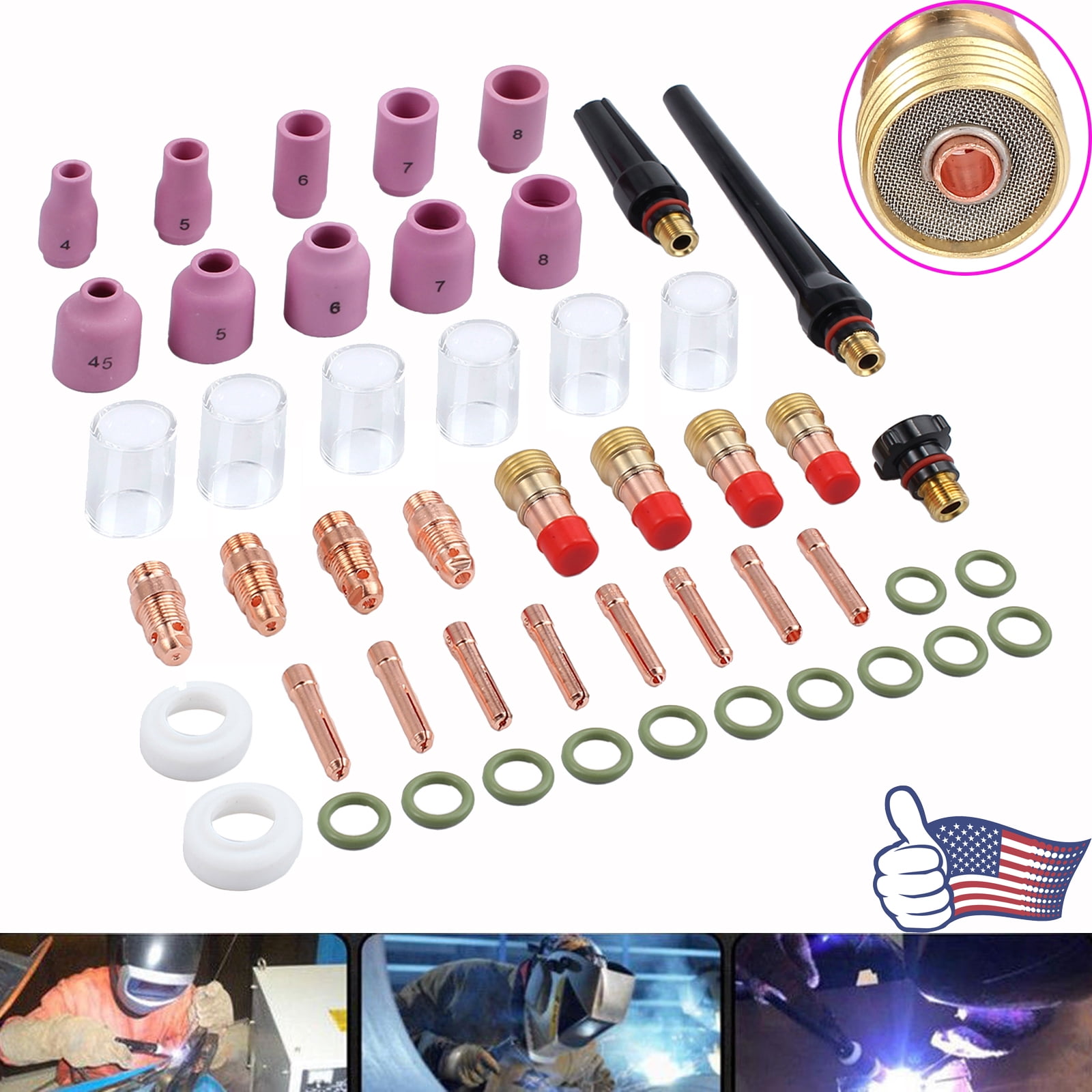 49Pcs tig welding torch stubby gas lens glass cup kit for wp-17/18/26 WA 