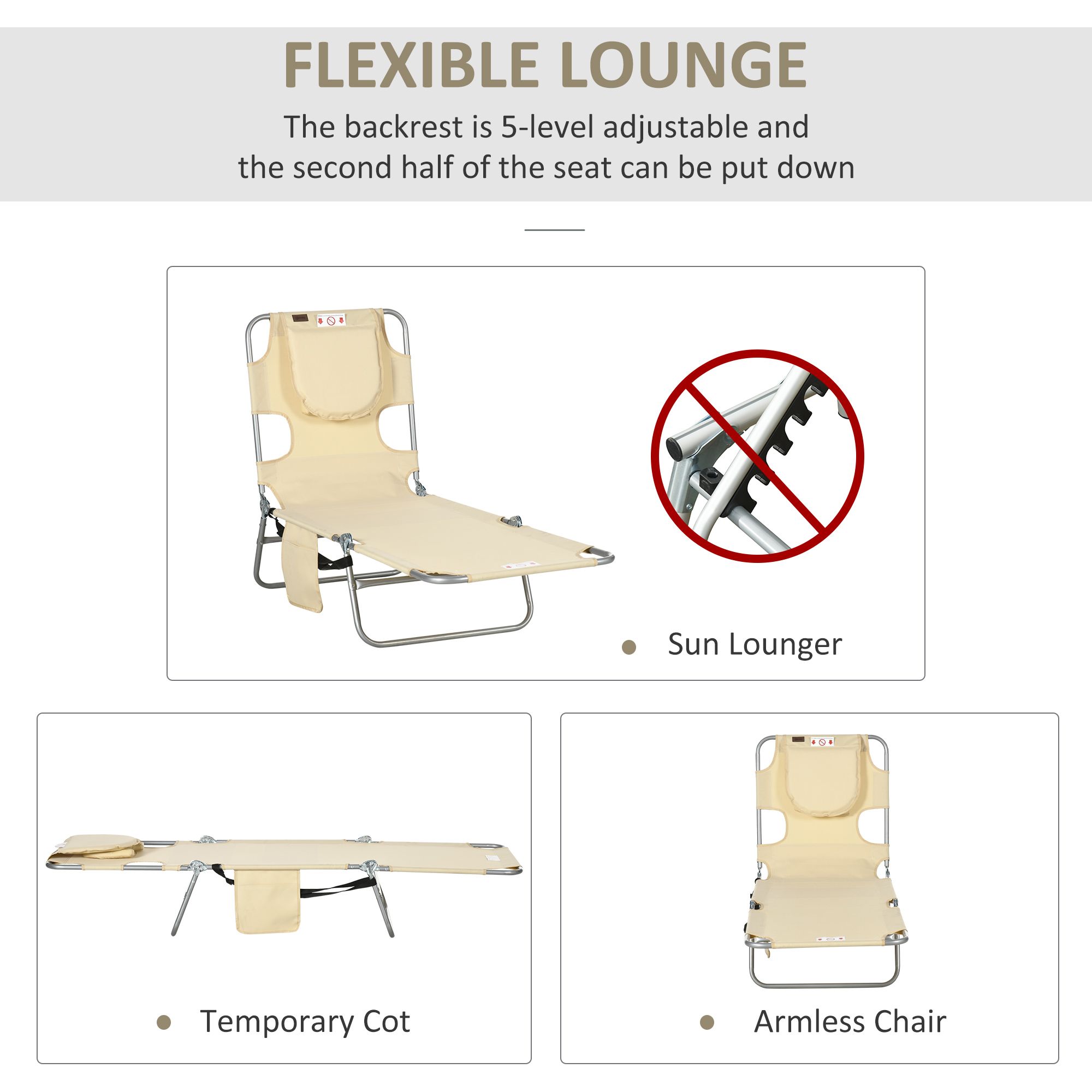 5-Position Reclining Facing Down Tanning Lounge Chair, Foldable Beach Chaise Lounge with Face Hole, Side Storage Pocket, Supports 264 LBS for Patio Poolside Outdoor Sunbathing