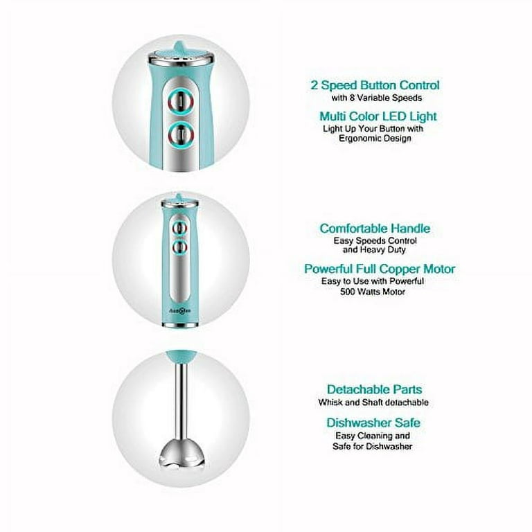 Buy Auxcuiso Stick Immersion Hand Blender Powerful 500 Watts 8 Speeds 2 in  1 Whisk Attachment Included, Emersion Blender