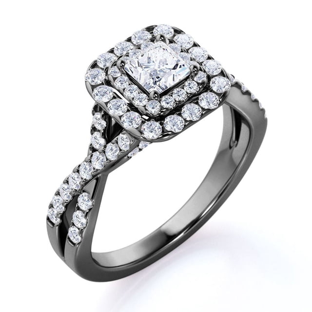 Elegante Anillo de Compromiso Gótico de Oro Negro de 10 K con Banda Retorcida, Diamante de Talla Cuadrada de 0,50 Quilates y Doble Halo Pavé
