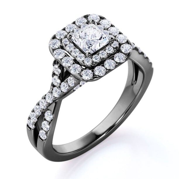 Elegante Anillo de Compromiso Gótico de Oro Negro de 10 K con Banda Retorcida, Diamante de Talla Cuadrada de 0,50 Quilates y Doble Halo Pavé