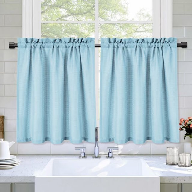 Cortina de cocina Haperlare de 76 cm de ancho x 76 cm de largo, con textura de gofre, filtra la luz, de capa corta, para baño, cafetería, azul, 2 paneles