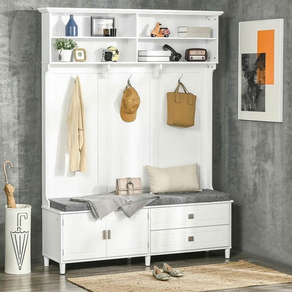 Spaco Hall Tree with Storage Bench and Storage Shelves, Entryway Bench with Coat Rack, Accent Coat Tree with Cabinet and Drawers for Indoor as Hallway, Bedroom, White