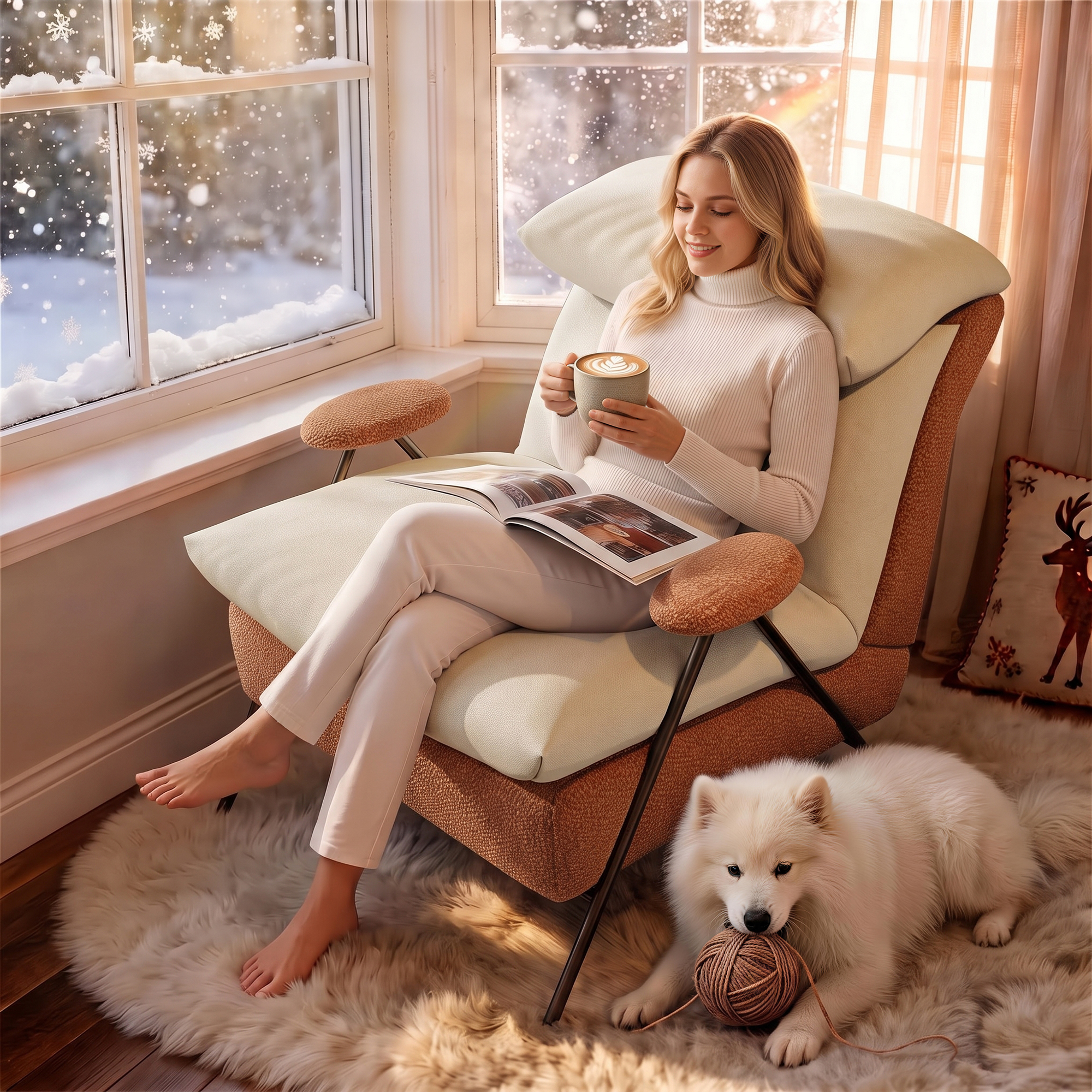 Aukfa Accent Chair, Modern Fabric Armchair with Thick Padded Seat and Back for Living Room & Bedroom, Beige
