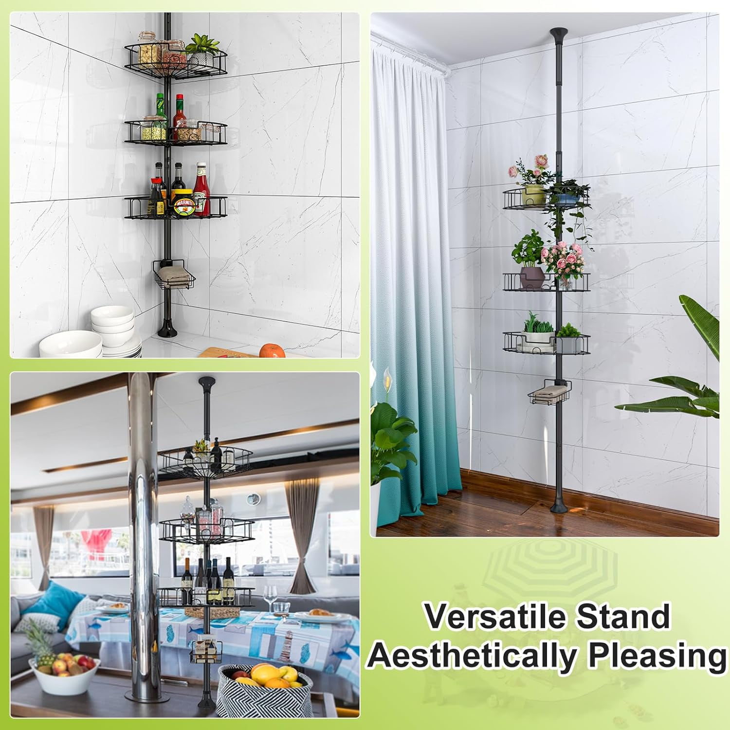 Corner Shower Caddy Tension Pole, Rustproof Stainless Steel Tension Rod Corner Shower Caddy for Shower Organizer,Adjustable Floor to Ceiling Stand Shower Shelves for Bathroom Bathtub