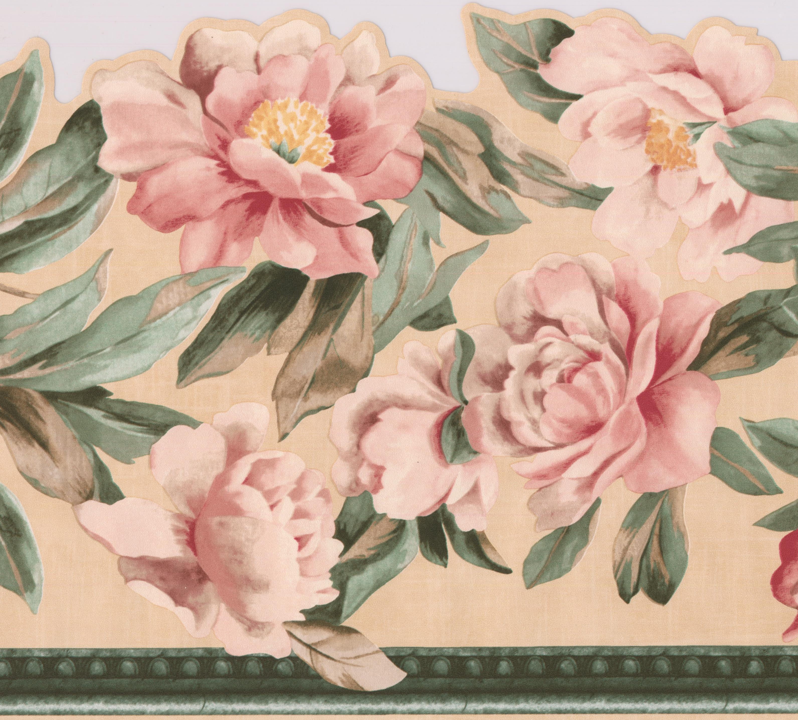 Wallpaper Border Pink Roses Green Leaves Floral Extra Wide Wall