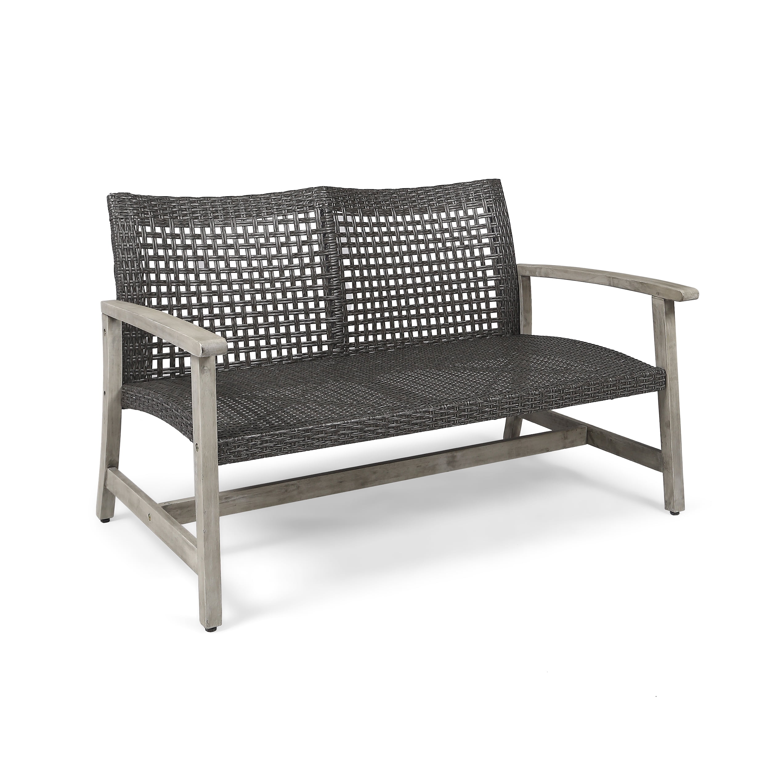 Outdoor Wood Woven Combined Double Seat Loveseat, Mixed Material Leisure Sofa for Patio Garden, Mixed Black and Light Gray Wash