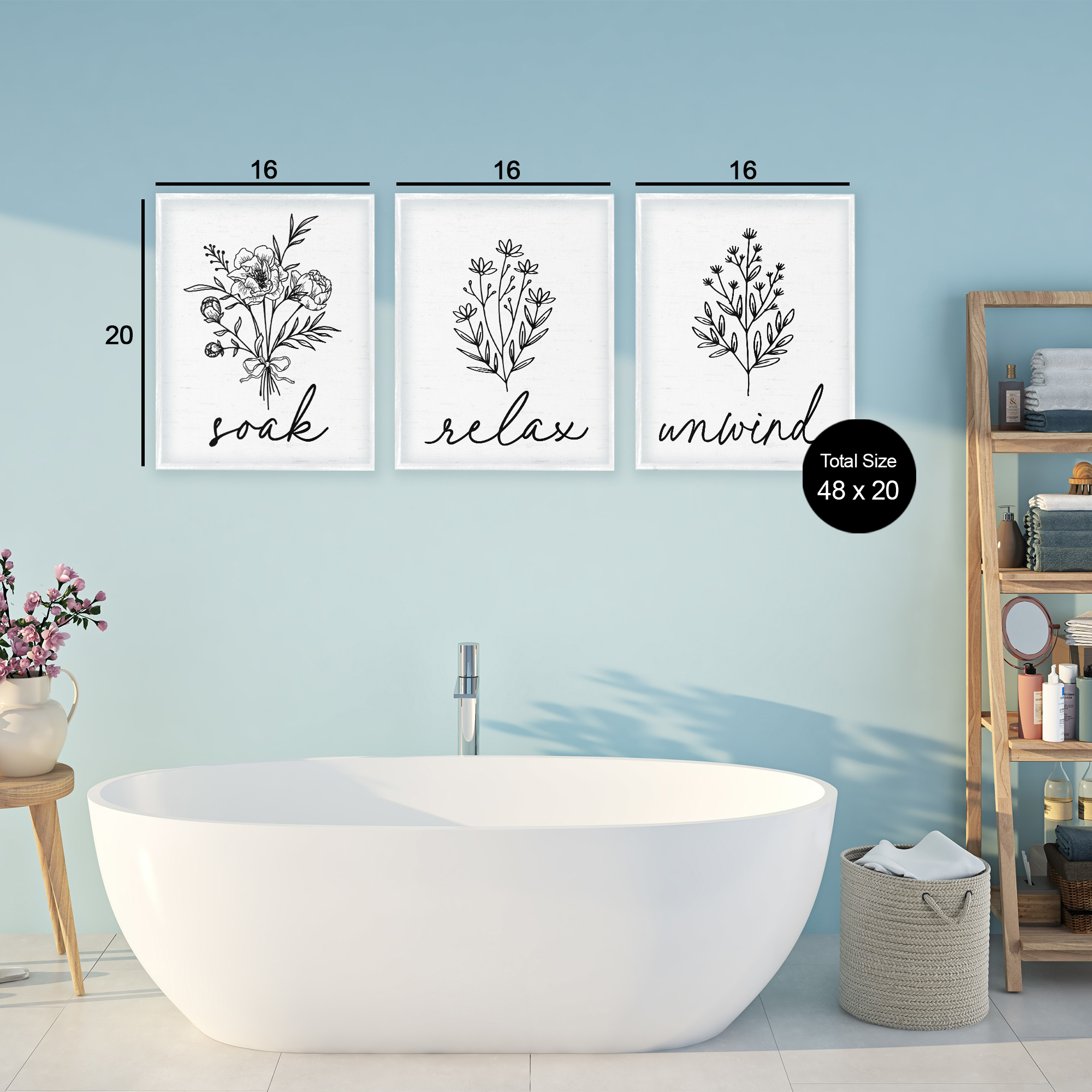 Bathroom Herbs for Relaxation 3 Piece White Framed Giclee Art Set, design by Lettered and Lined