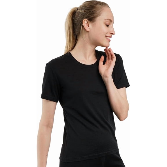 Merino.tech Women's Merino Wool Crew Neck Short Sleeve T-Shirt, Solid Black, Size M