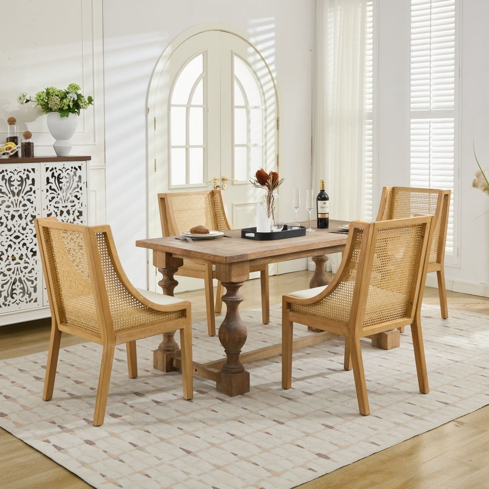 Rattan Dining Chair with Arms, Solid Wood Frame, Linen Upholstered Seat, Rustic Farmhouse Side Chair for Kitchen, Dining Room, Living Room, Beige