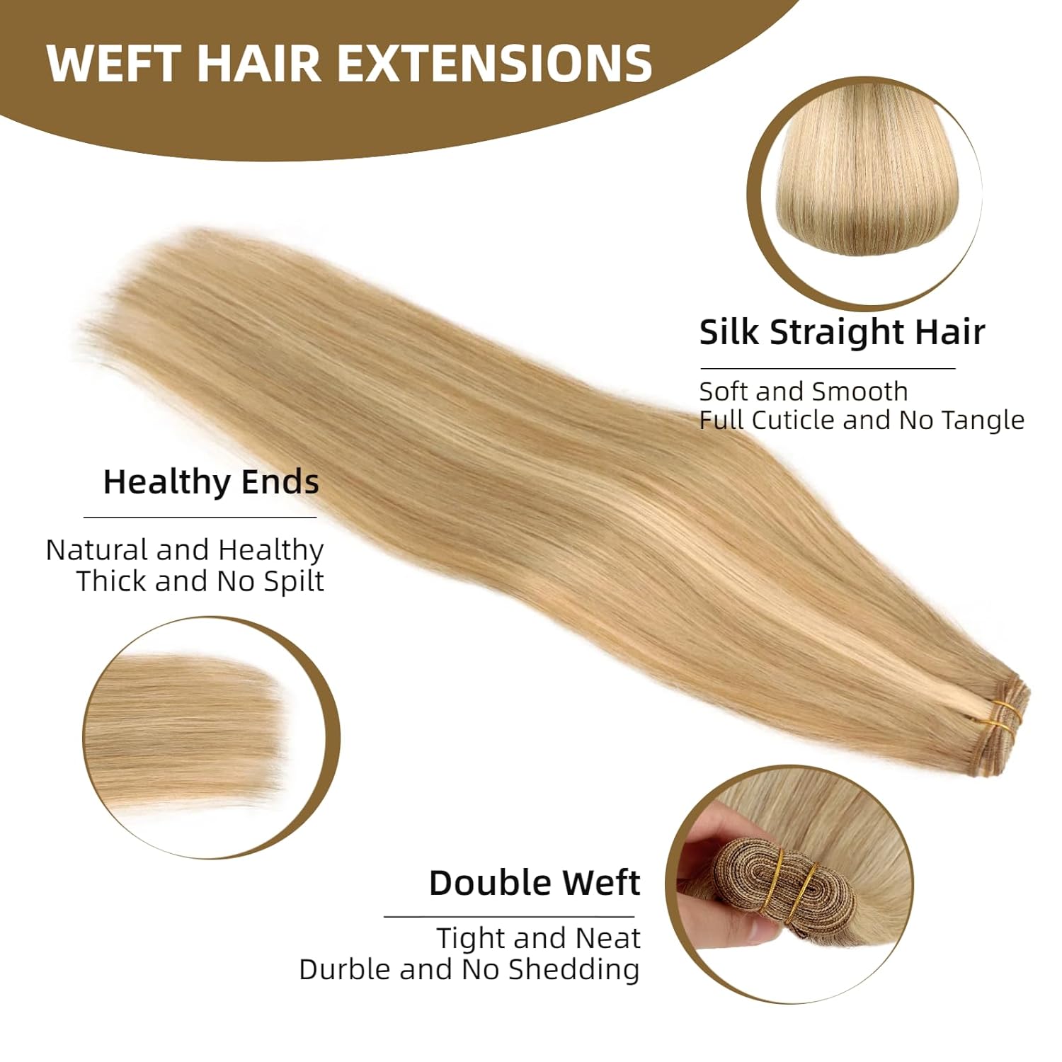 Sew in Hair Extensions Real Human Hair, 110g 22 inch Ash Blonde Highlighted 613 Bleach Blonde Human Hair Weave Extensions Remy Straight Bundles Double Weft
