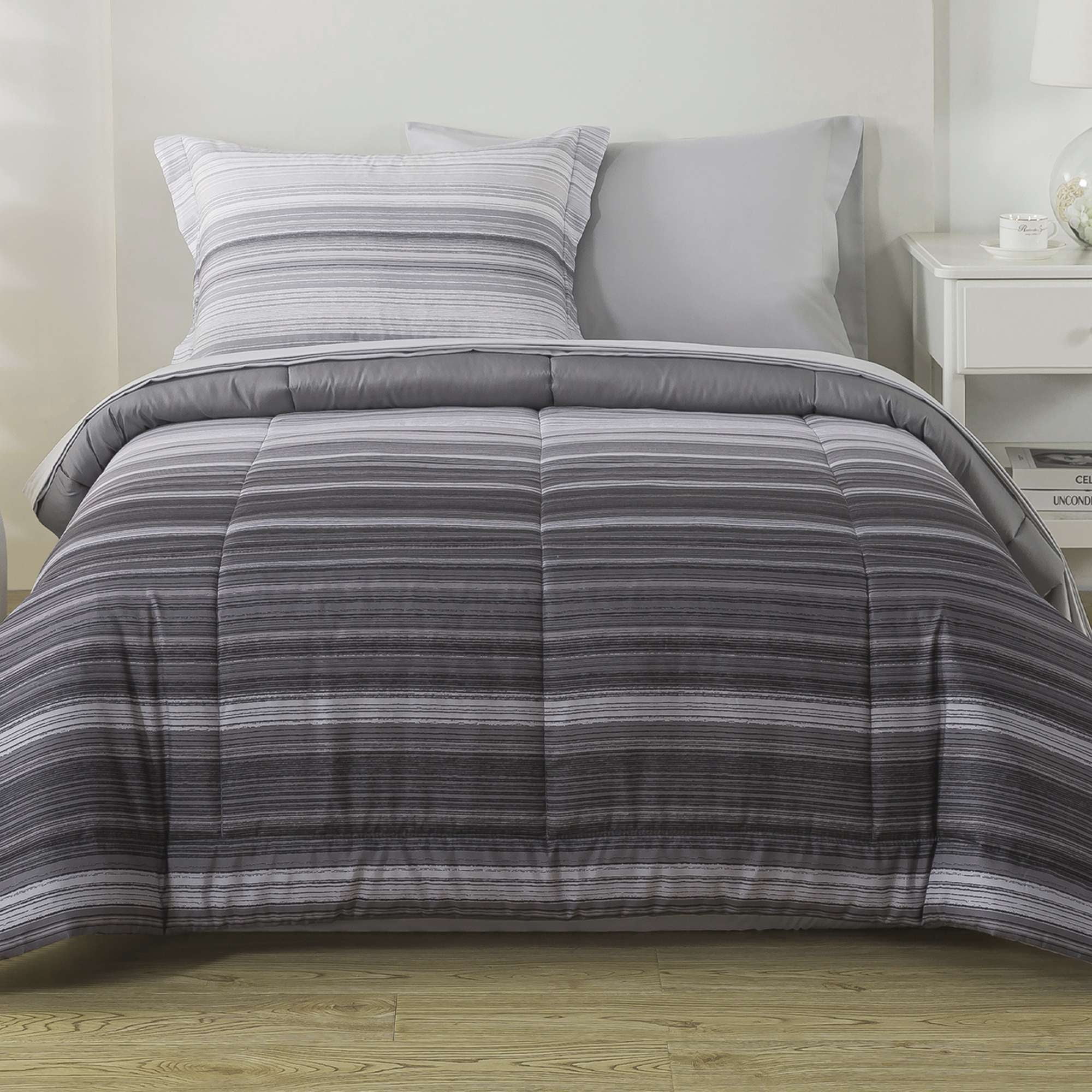 Mainstays All in One Reversible Comforter and Sheet Set, 5-Piece, Twin, Gray Stripe