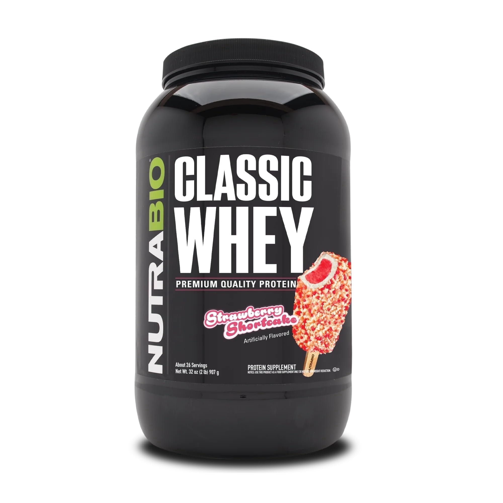 NutraBio Classic Whey Protein Powder Supplement - 25g of Protein Per Scoop - Full-Spectrum Amino Acid Profile with No Fillers, Artificial Colors, or Preservatives - Strawberry Shortcake, 2 Pounds