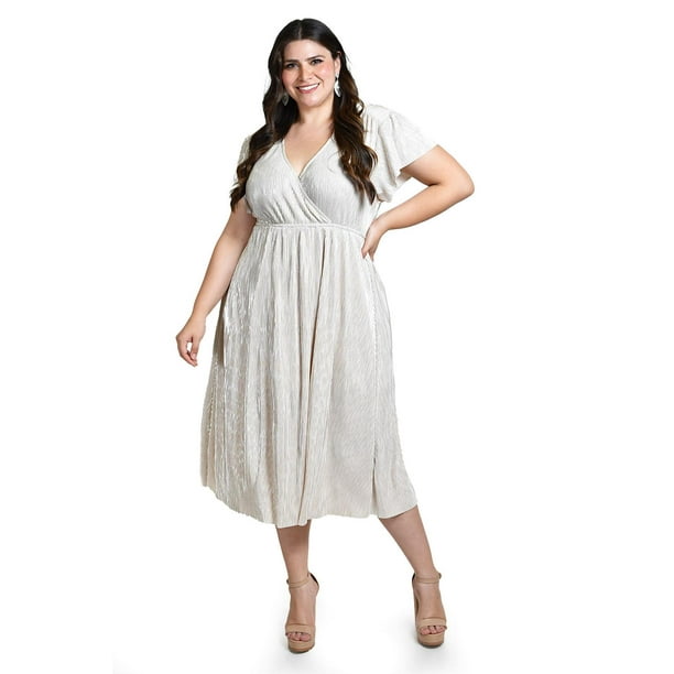Vestido plisado con brillo Roman Fashion /Tallas Extras, 5412 (Hueso) beige 38