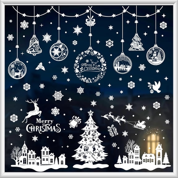 155Pcs White Christmas Window Clings Stickers, 9 Sheets Double-Sided Merry Christmas Snowflake Window Decals for Glass, Christmas Decorations for Holiday Home School Party Decor
