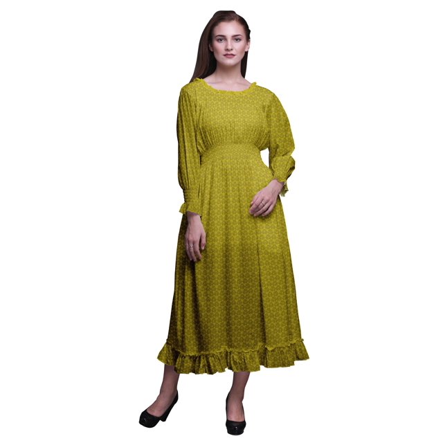 Bimba Feuilles Femmes Robe à Manches Longues Froncée Col Rond à Volants Été Maxi-Xxx-Grand