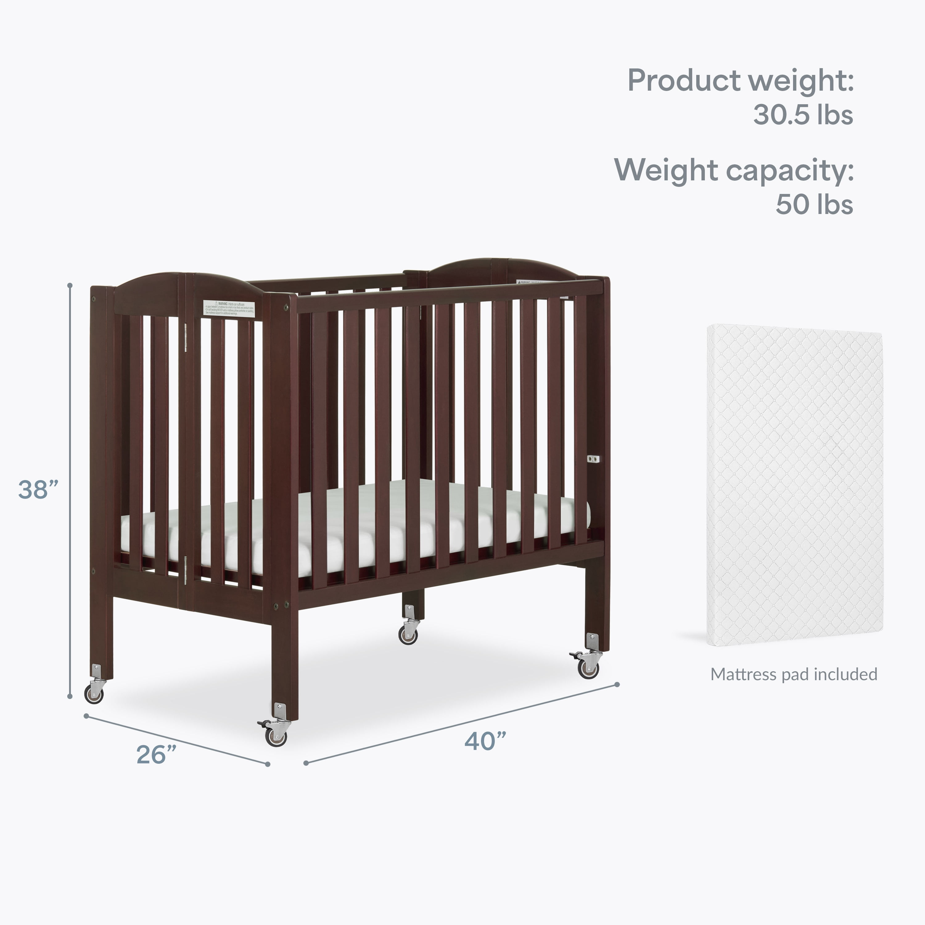 Dream On Me 2-in-1 Folding Portable Mini Crib in Espresso, Mattress Pad Included, Easy to Fold and Store Baby Crib, Two Adjustable Mattress Height positions Convertible Crib
