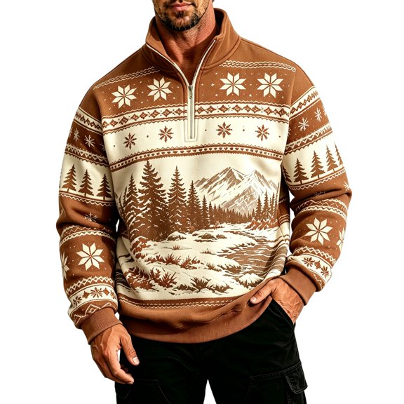 Fair Isle Sweatshirt for Men Long Sleeve Quarter Zip Stand Collar Pullover Trendy Fall Winter Casual Outdoor Streetwear Top Brown 2XL
