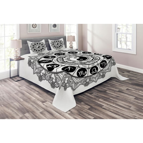 Ambesonne Peace Quilted Coverlet 3 Pcs, Mandala Art Harmony, Queen Size, Black White