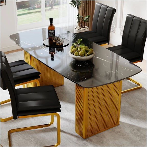 JERFIT Modern Rectangle Marble Pattern Dining Table, Tempered Glass Top with Gold Metal Legs for Kitchen, Dining Room, Home Office