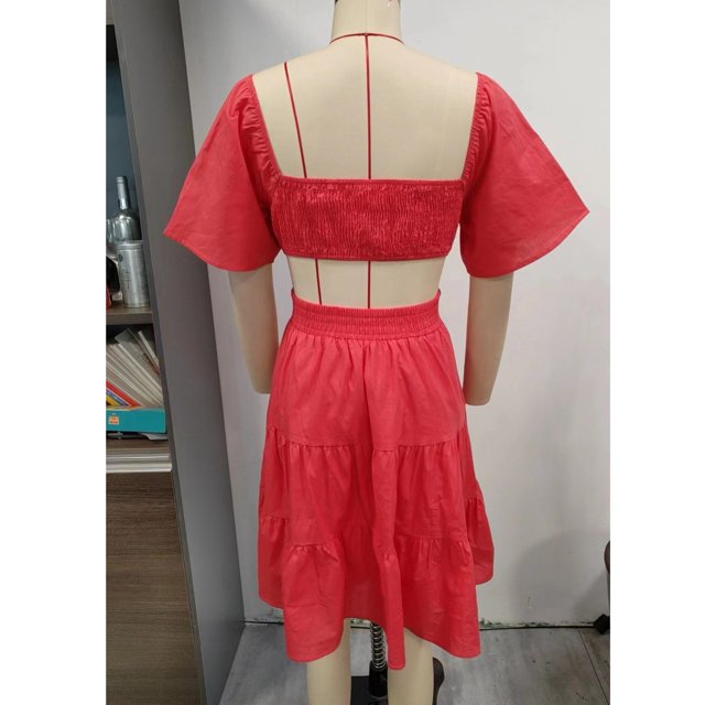 Vestido de mujer con mangas cortas acampanadas, dobladillo con volantes, cintura cruzada, espalda calada, vestido de verano fruncido