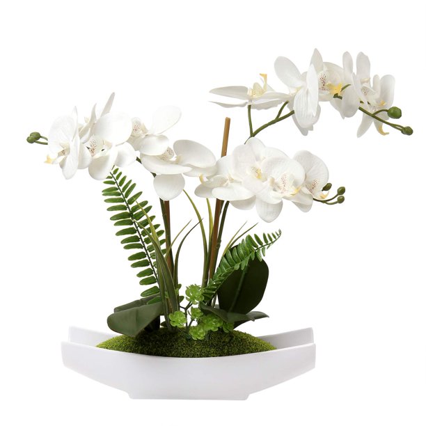 Flores artificiales Briful Orchids White Phalaenopsis con jarrón
