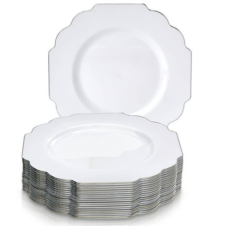Party Disposable 20 pc Dinnerware Set | 20 Plates | Heavyweight Plastic Dishes | Elegant Fine China Look | for Upscale Wedding and Dining (Baroque Collection – Silver Edge/White | 10.75 Inch)