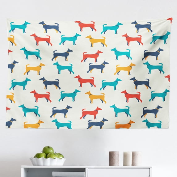 Dog Tapestry, Puppy Dreaming on The Sofa Heart Background Valentine Theme Art, Fabric Wall Hanging Decor for Bedroom Living Room Dorm, 2 Sizes, Blue Pink White, by Ambesonne