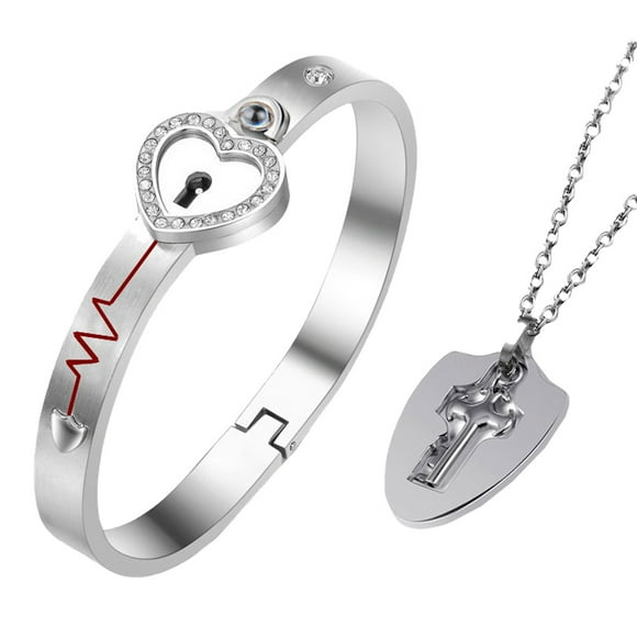 BRIGHTFUFU 1 juego de pulsera de amantes, collar, bloqueo de amor, conjunto de pulsera decorativa de corazón amoroso
