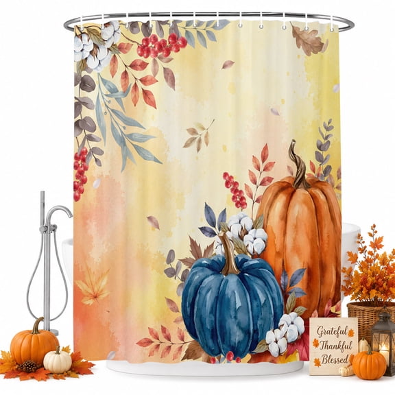 Small Stall Shower Curtain 48x72 Inch Narrow Half Size Orange Blue Pumpkins Bath Curtains Bathroom Decor, Thanksgiving Fall Leaves Ombre Waterproof Fabric Shower Curtain Set with Hooks 48 Inch
