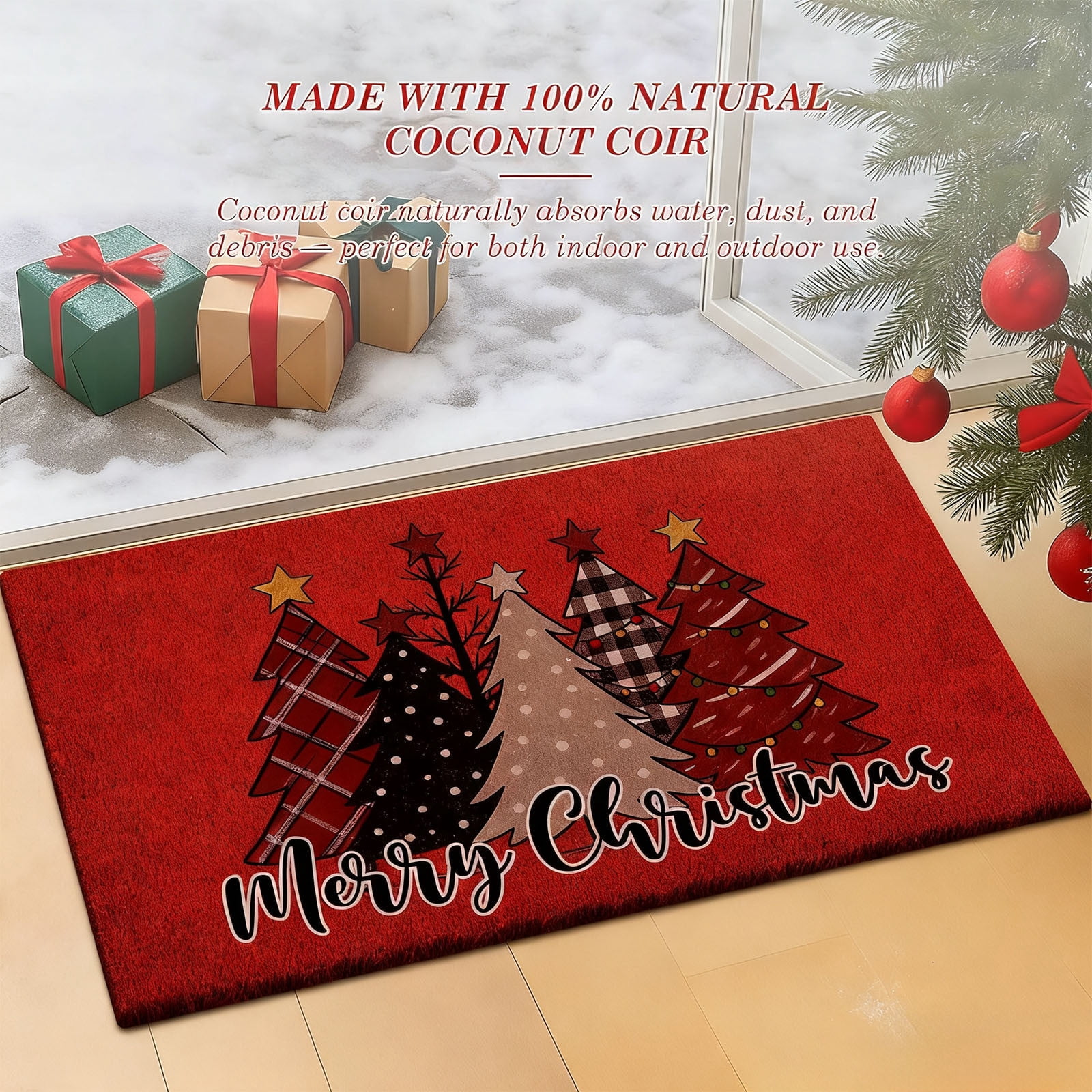 Christmas Welcome Natural Coir Door Mat, Forest Christmas Tree Front Door Outdoor Doormat Outside Entrance Porch Non Slip Rubber Rug Winter Xmas Farmhouse Decor 24*35in M-A