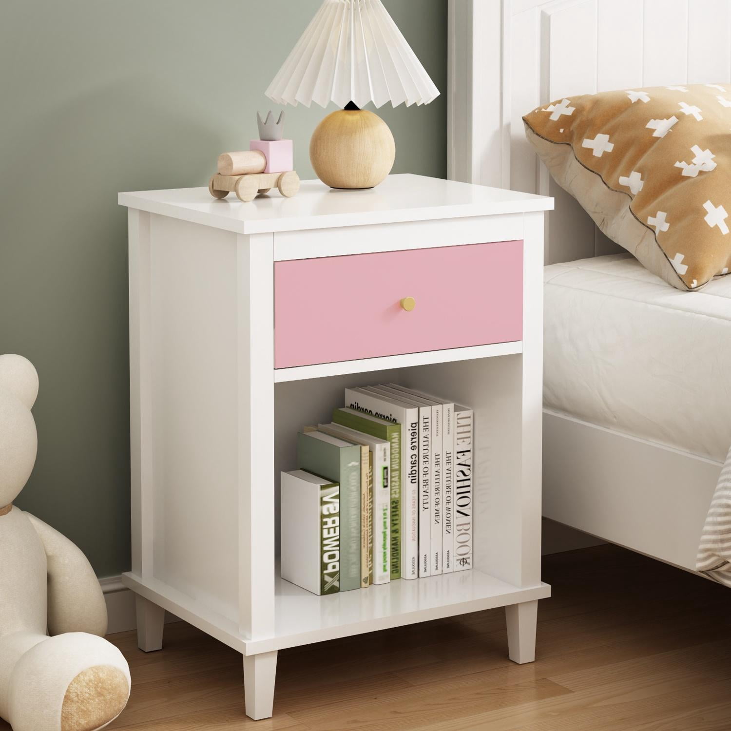 Gewnee Kid's Wooden Nightstand with Drawer and Open Cabinet for Kid's Bedroom,Pink