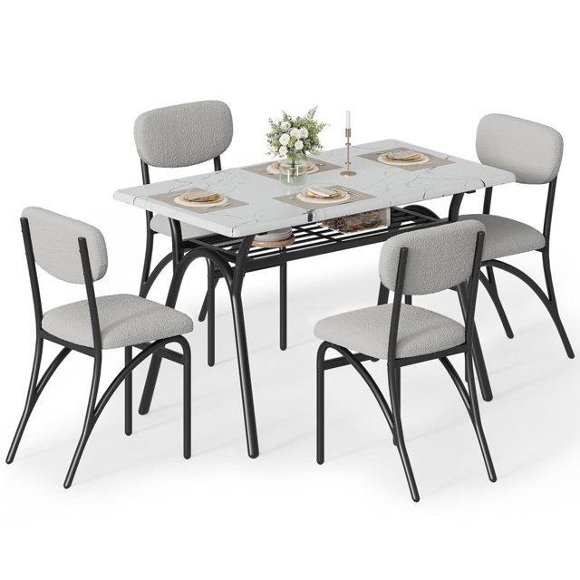 5-Piece Dining Table Set for 4, Modern Kitchen Table with 4 Boucle Chairs, Rectangular Dining Table with Storage Shelf for Breakfast Nook, Apartment, Compact Homes