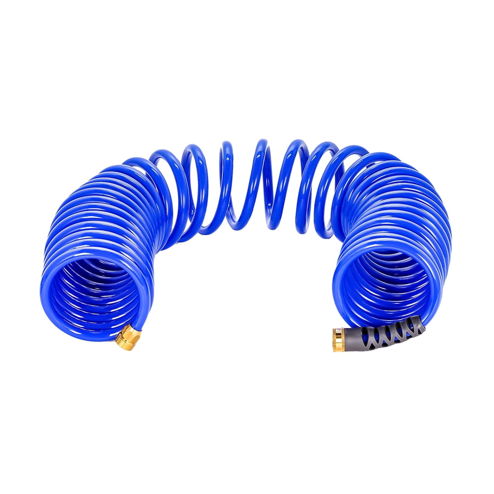 Camco 40’ Coiled Water Hose – Rust Resistant Brass Hose Fittings, Hose Design Prevents Kinking and Tangling, Great for Car Washing and Gardening (41985)