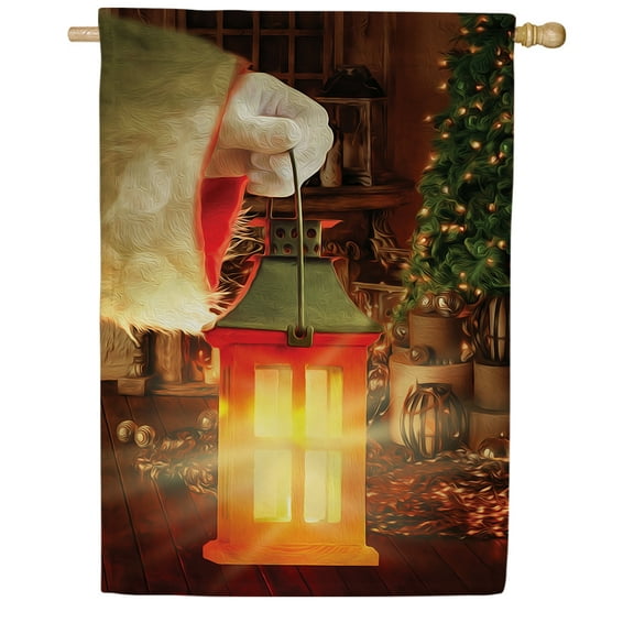 America Forever The Warmth Of Christmas House Flag, 28 x 40 inch Double Sided, Holiday Banner, Santa Hands Glowing Oil Lamp Tree Outdoor Decor, Magical Yard Flag