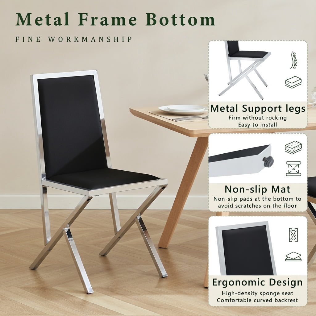 Hommoo 2-Pack Modern PU Leather Dining Chairs with Metal Frame, Ergonomic, Easy-Assembly, Adjustable Non-Slip Feet, Black & Sliver
