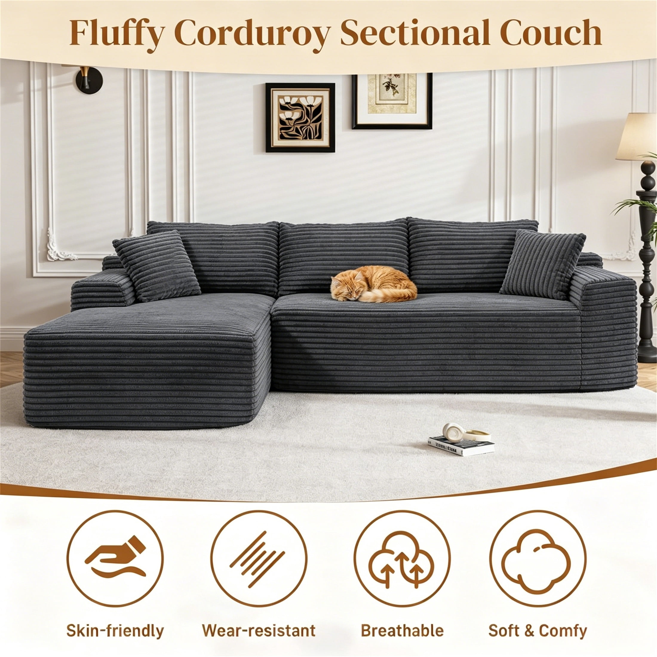 Aukfa 96" Cloud Sectional Sofa Deep Seat Boneless Couch Modular L-Shaped Couch, Left Chaise Corduroy Sofa for Living Room, Dark Gray